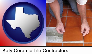 a tile worker laying ceramic floor tile in Katy, TX